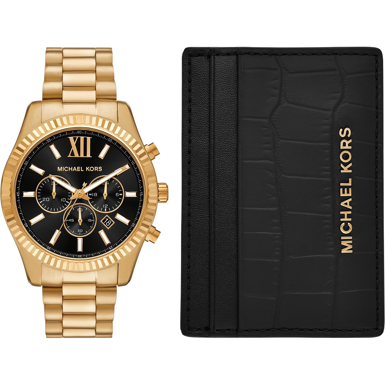 Ein Set aus einer goldenen Michael Kors Edelstahl-Uhr mit schwarzem Zifferblatt und einem schwarzen Michael Kors Kartenetui.