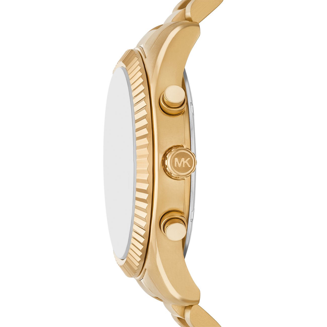 Seitenansicht einer goldenen Michael Kors Smartwatch aus Edelstahl mit geriffelter Lünette und seitlichen Knöpfen.