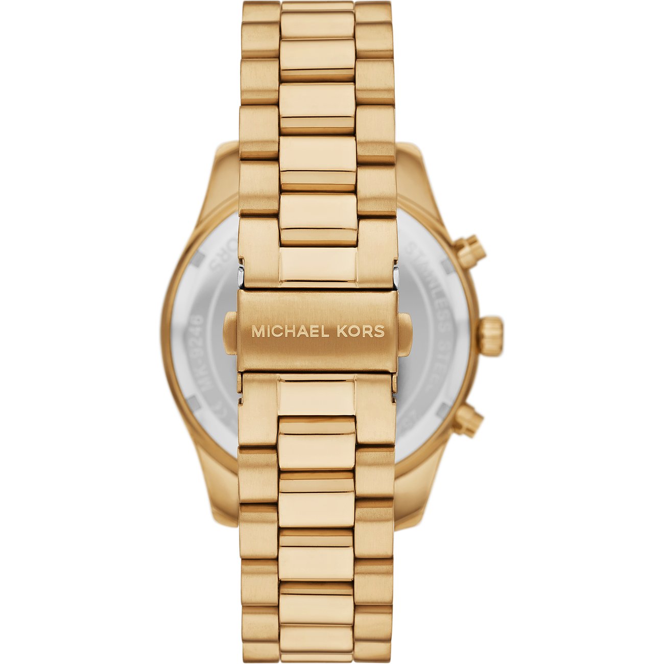 Die Rückseite eines goldenen Michael Kors Sets aus Edelstahl mit Schließe und Gehäuseboden.