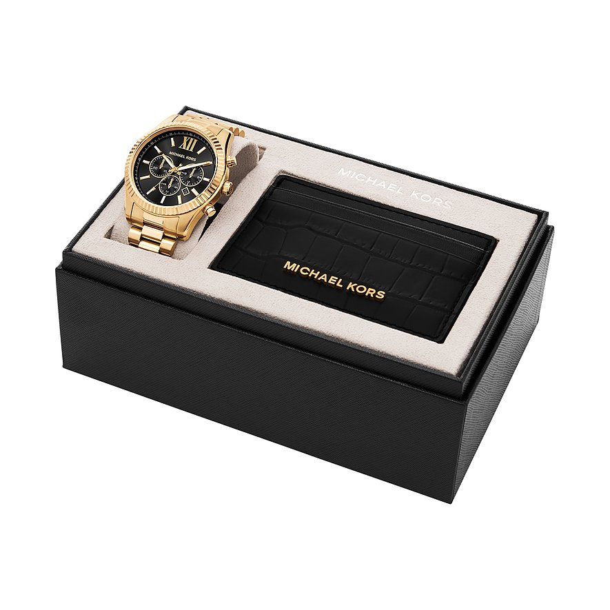 Michael Kors Uhren- und Kartenhalter-Set, vergoldeter Edelstahl, in einer eleganten Geschenkbox.