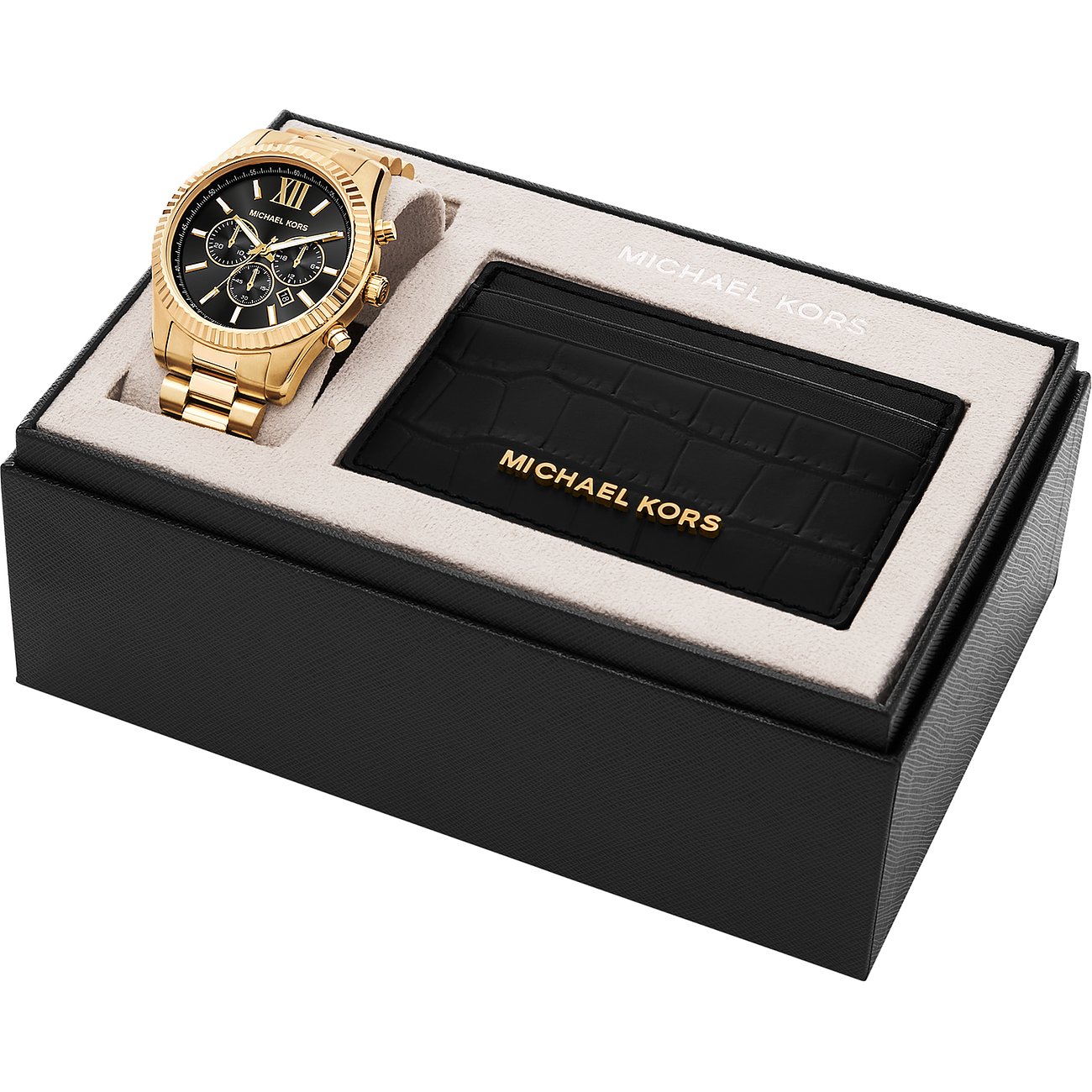 Michael Kors Uhren- und Kartenhalter-Set, vergoldeter Edelstahl, in einer eleganten Geschenkbox.