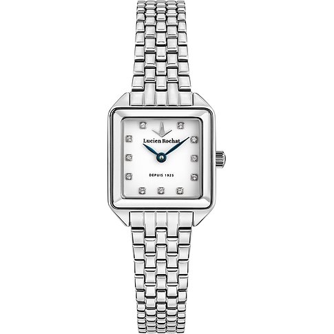 Lucien Rochat Damenuhr aus Edelstahl mit quadratischem Zifferblatt und glänzenden Schmucksteinen als Indexe.