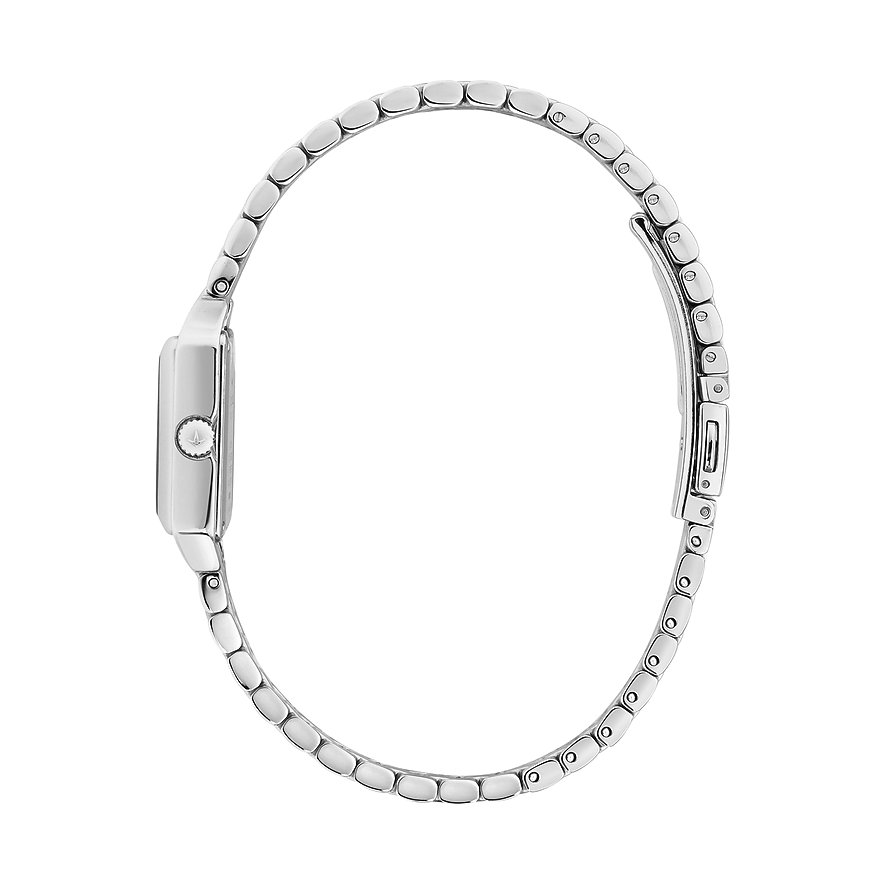 Seitenansicht der Lucien Rochat Damenuhr aus Edelstahl mit einem eleganten, langen Gliederarmband.
