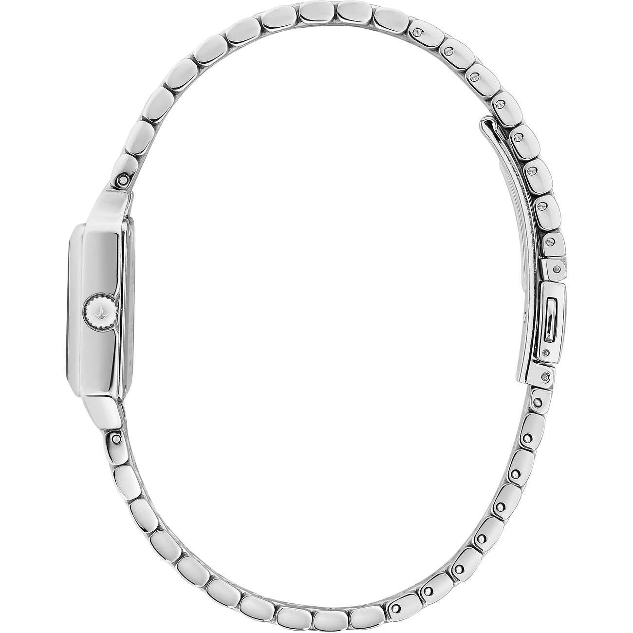 Seitenansicht der Lucien Rochat Damenuhr aus Edelstahl mit einem eleganten, langen Gliederarmband.