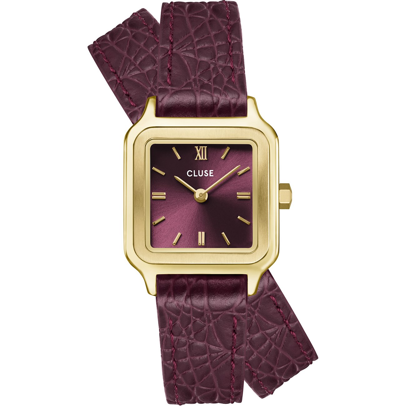 Cluse Damenuhr aus goldfarbenem Metall mit quadratischem, violettem Zifferblatt und weinrotem Lederarmband.