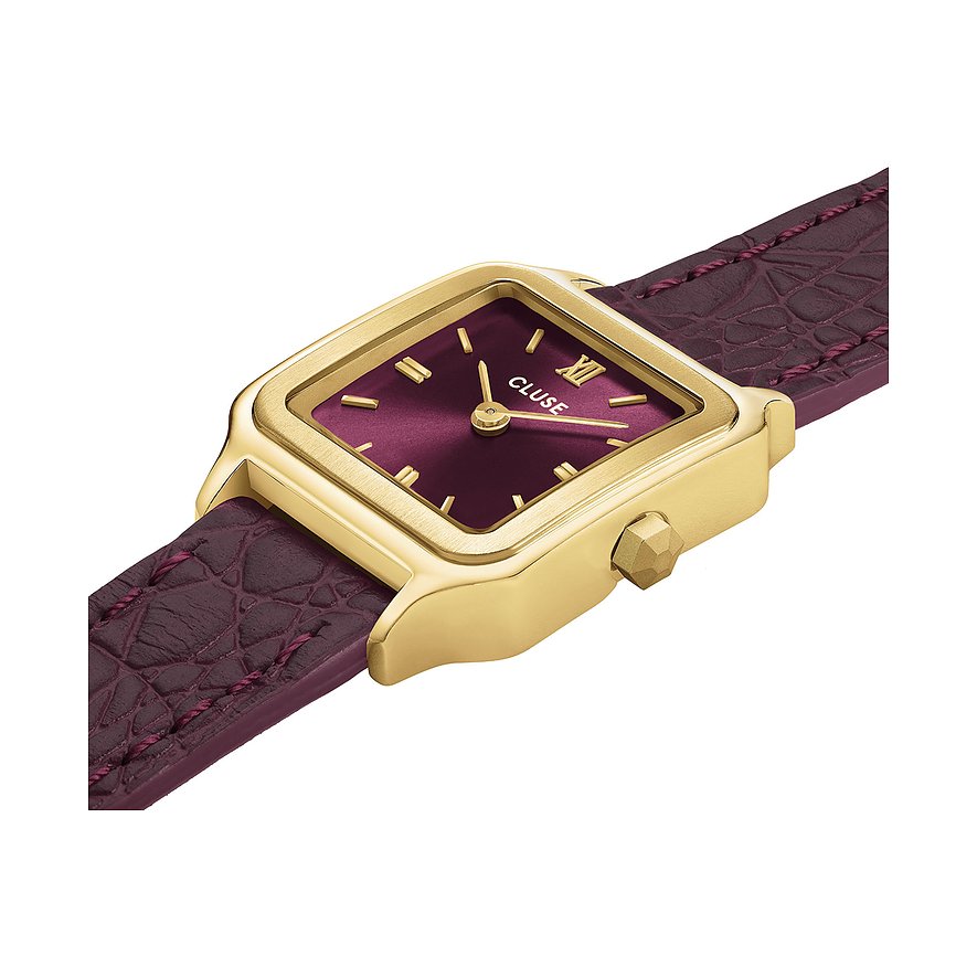 Cluse Damenuhr aus goldfarbenem Metall mit quadratischem, weinrotem Zifferblatt und weinrotem Kroko-Lederarmband.