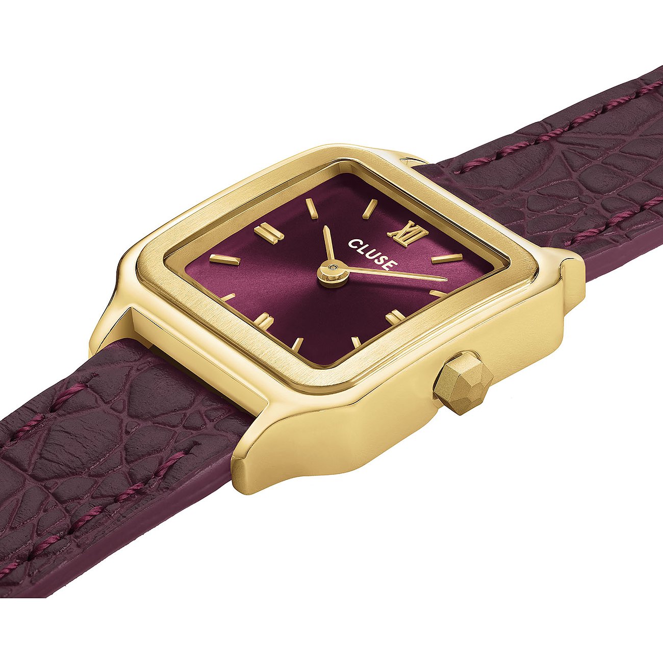 Cluse Damenuhr aus goldfarbenem Metall mit quadratischem, weinrotem Zifferblatt und weinrotem Kroko-Lederarmband.