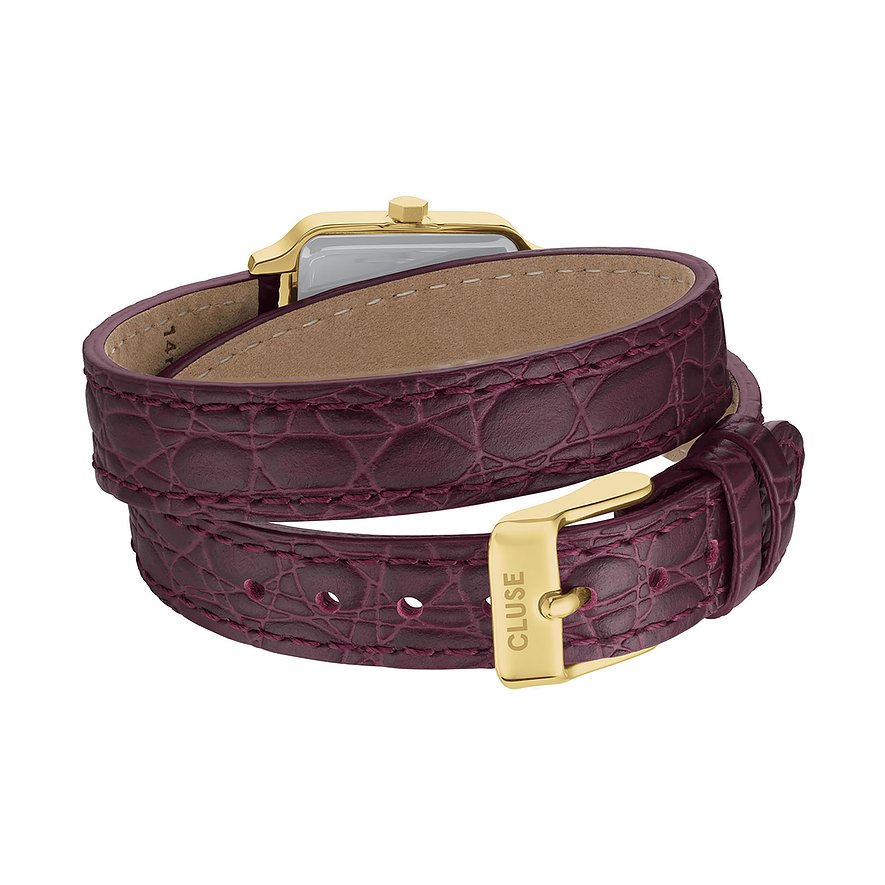 Rückansicht einer Cluse Damenuhr aus Metall mit einem doppelten, bordeauxroten Lederarmband in Krokodilprägung.
