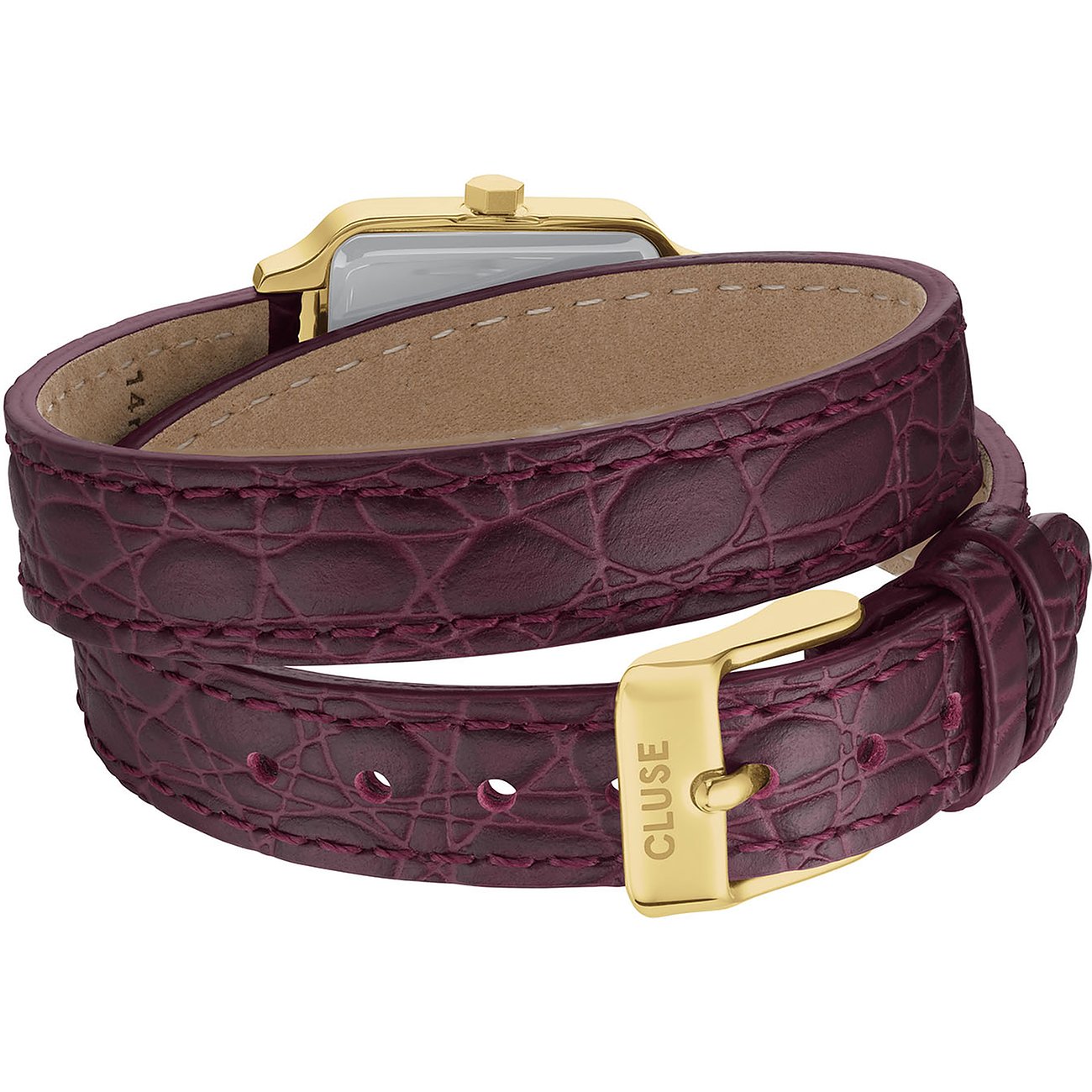 Rückansicht einer Cluse Damenuhr aus Metall mit einem doppelten, bordeauxroten Lederarmband in Krokodilprägung.