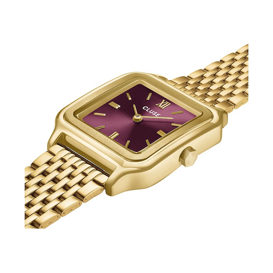 Cluse Damenuhr aus goldfarbenem Metall mit quadratischem, weinrotem Zifferblatt und goldfarbenem Gliederarmband.