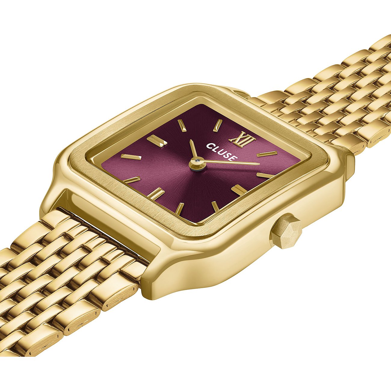 Cluse Damenuhr aus goldfarbenem Metall mit quadratischem, weinrotem Zifferblatt und goldfarbenem Gliederarmband.