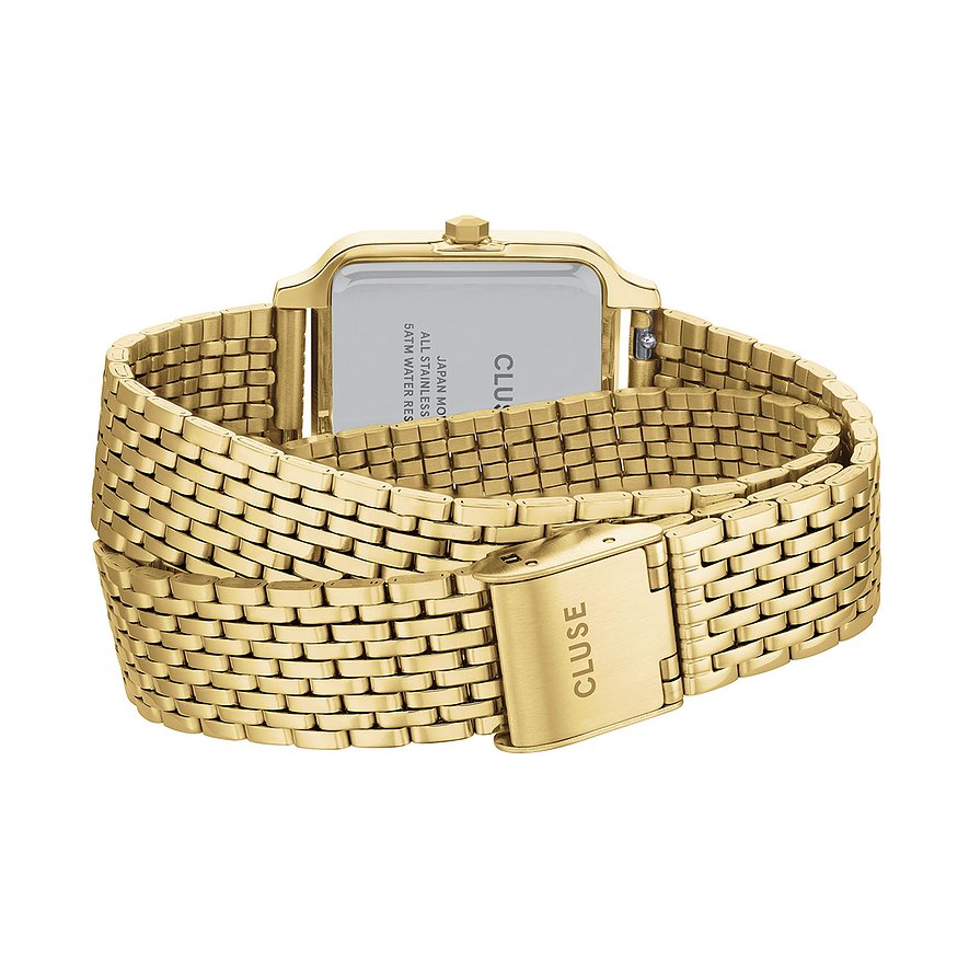 Rückseite einer goldenen Cluse Damenuhr aus Metall mit rechteckigem Gehäuse und Gliederarmband.