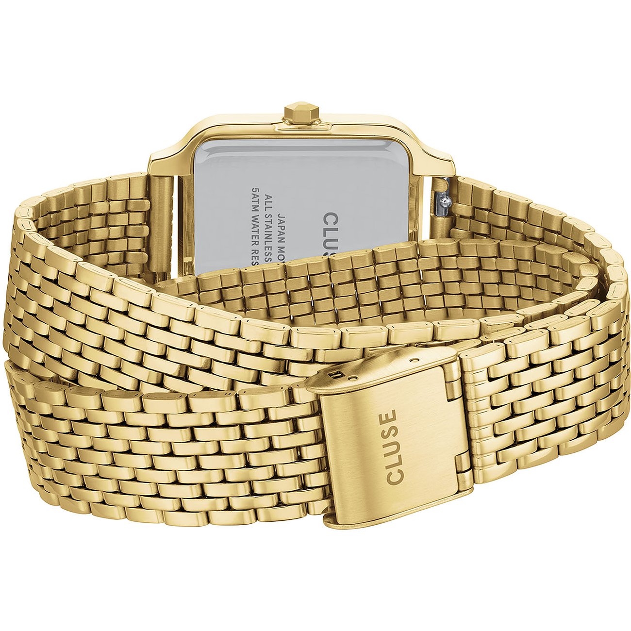 Rückseite einer goldenen Cluse Damenuhr aus Metall mit rechteckigem Gehäuse und Gliederarmband.