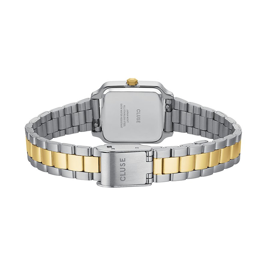 Rückansicht der Cluse Damenuhr aus Metall in Silber und Gold, mit quadratischem Gehäuse und filigranem Armband.