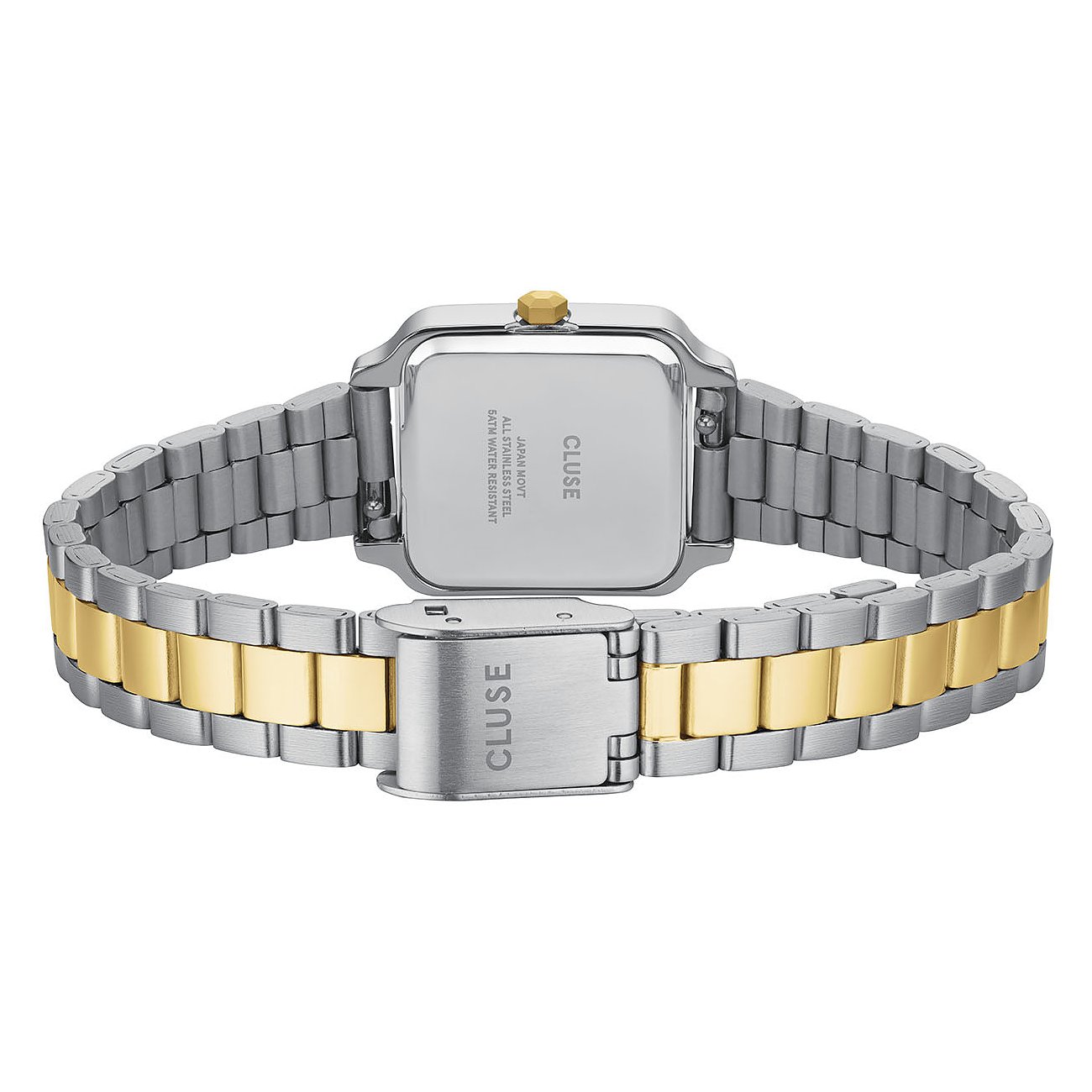 Rückansicht der Cluse Damenuhr aus Metall in Silber und Gold, mit quadratischem Gehäuse und filigranem Armband.