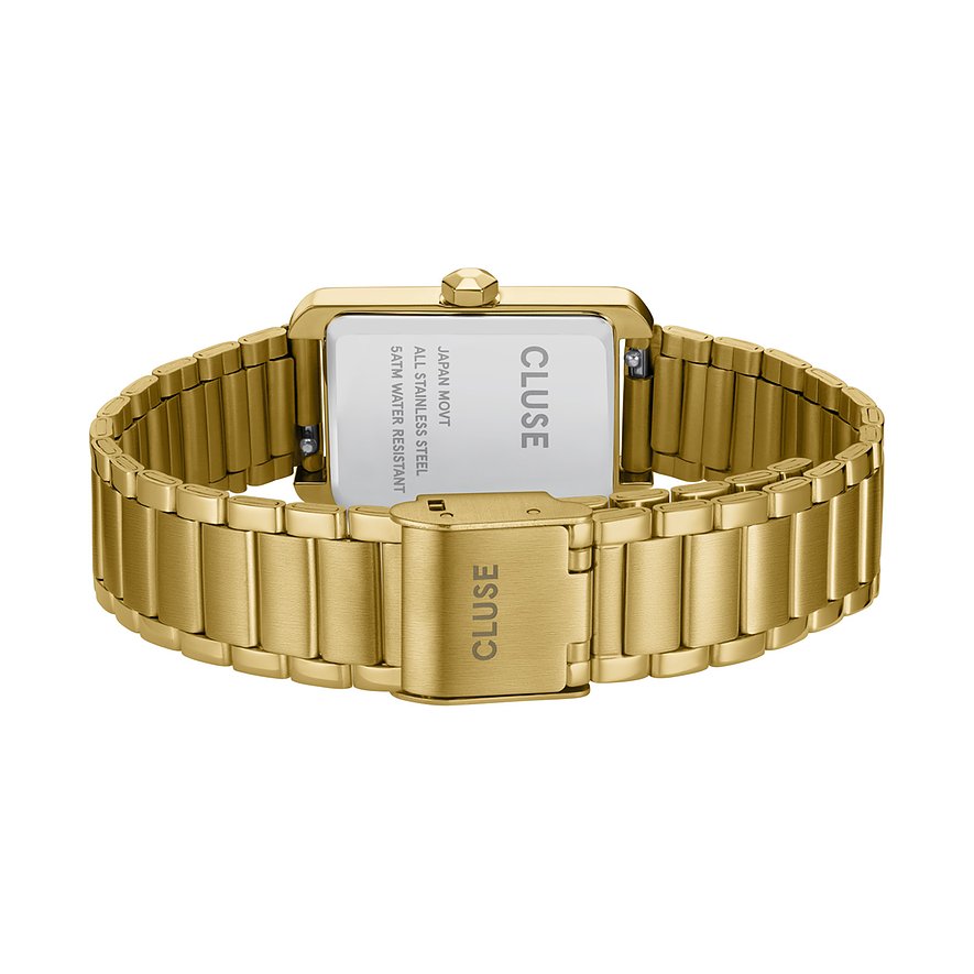 Rückansicht der goldenen Cluse Damenarmbanduhr aus Metall mit Gravuren auf dem Gehäuseboden.