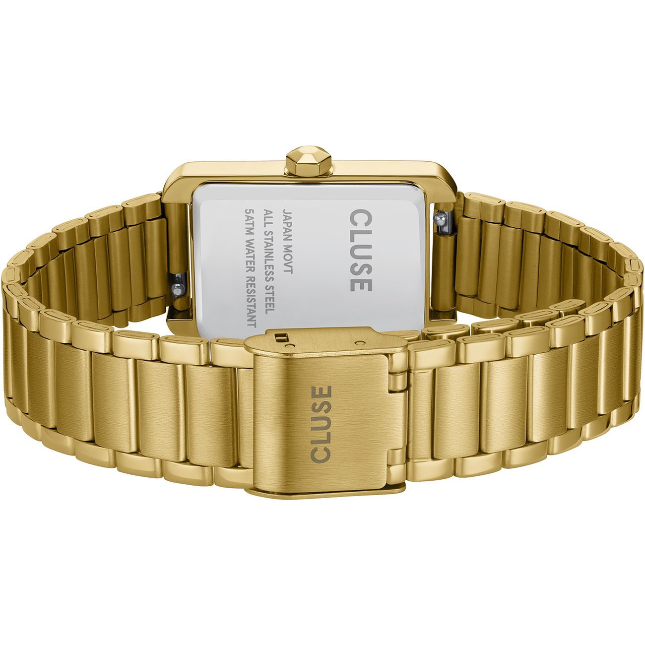 Rückansicht der goldenen Cluse Damenarmbanduhr aus Metall mit Gravuren auf dem Gehäuseboden.