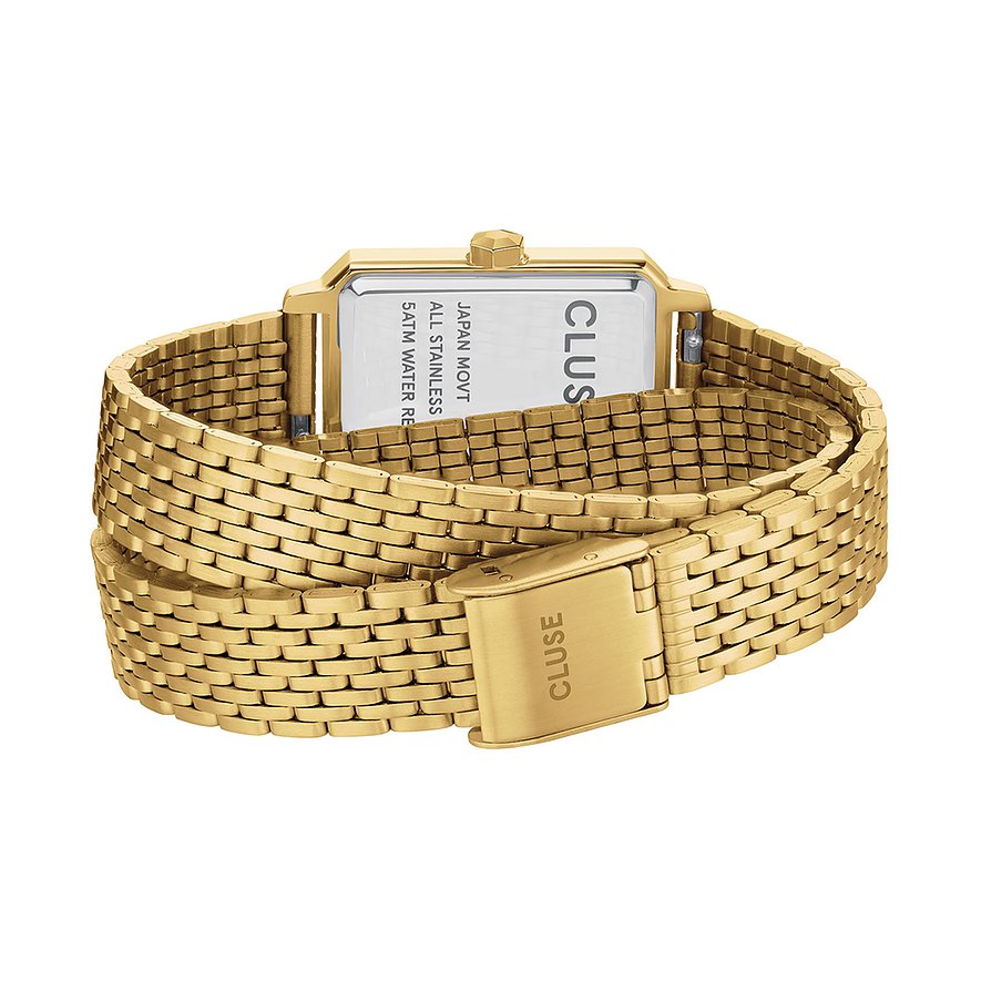 Rückseite der Cluse Damenarmbanduhr aus goldfarbenem Metall, quadratischem Gehäuse, filigranem Armband, Markenname sichtbar.