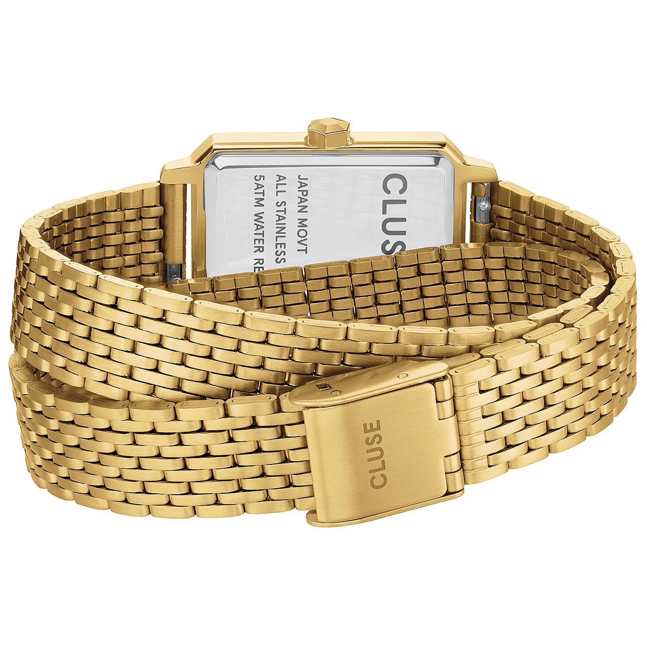 Rückseite der Cluse Damenarmbanduhr aus goldfarbenem Metall, quadratischem Gehäuse, filigranem Armband, Markenname sichtbar.