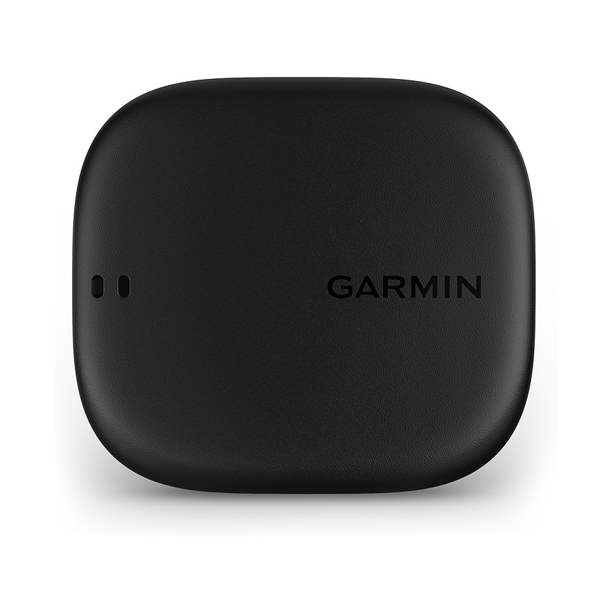 Schwarzer Garmin Activitytracker aus Kunststoff von vorne mit Garmin-Logo und zwei Punkten.