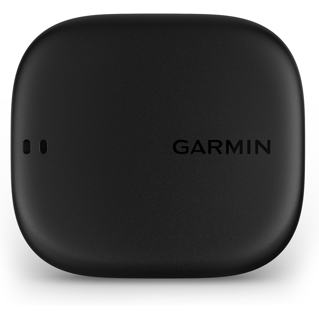 Schwarzer Garmin Activitytracker aus Kunststoff von vorne mit Garmin-Logo und zwei Punkten.