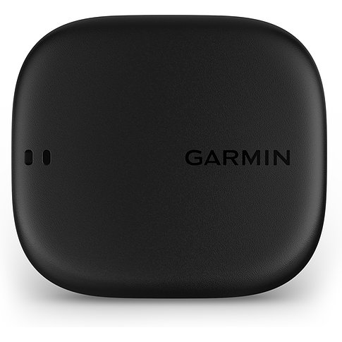Schwarzer Garmin Activitytracker aus Kunststoff von vorne mit Garmin-Logo und zwei Punkten.