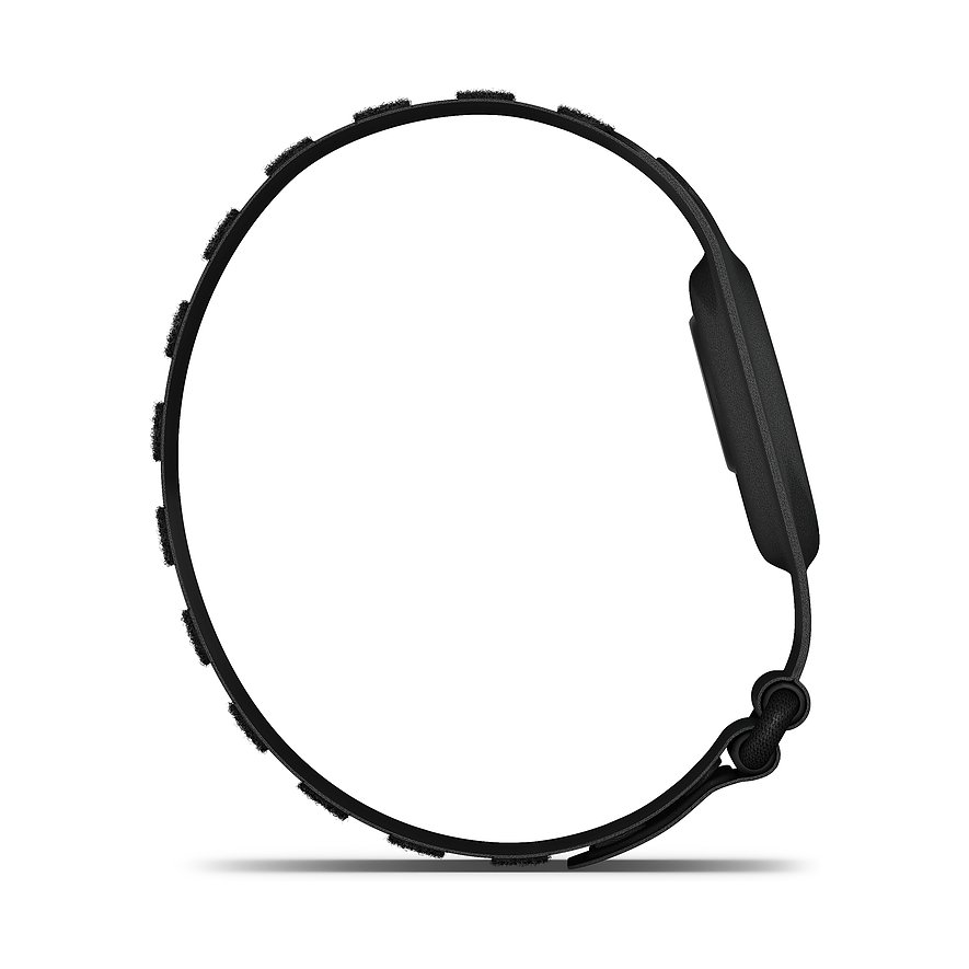 Garmin Activitytracker aus schwarzem Kunststoff mit rechteckigem Display und strukturiertem Bandverschluss.