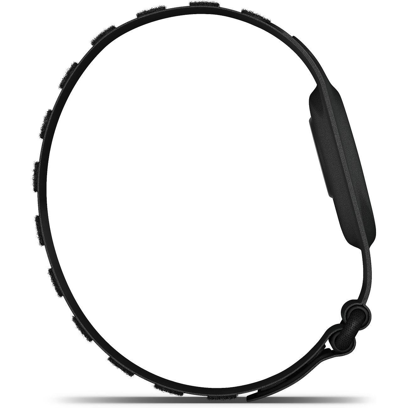 Garmin Activitytracker aus schwarzem Kunststoff mit rechteckigem Display und strukturiertem Bandverschluss.