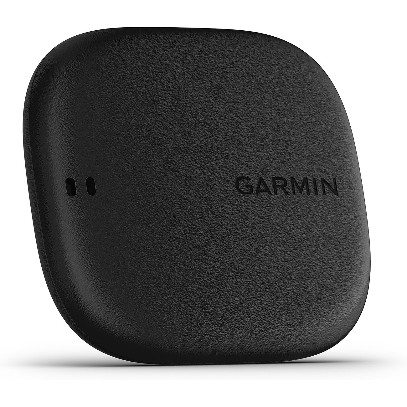 Der schwarze Garmin Activitytracker aus Kunststoff mit Logo und zwei kleinen Öffnungen, aus der Vogelperspektive.