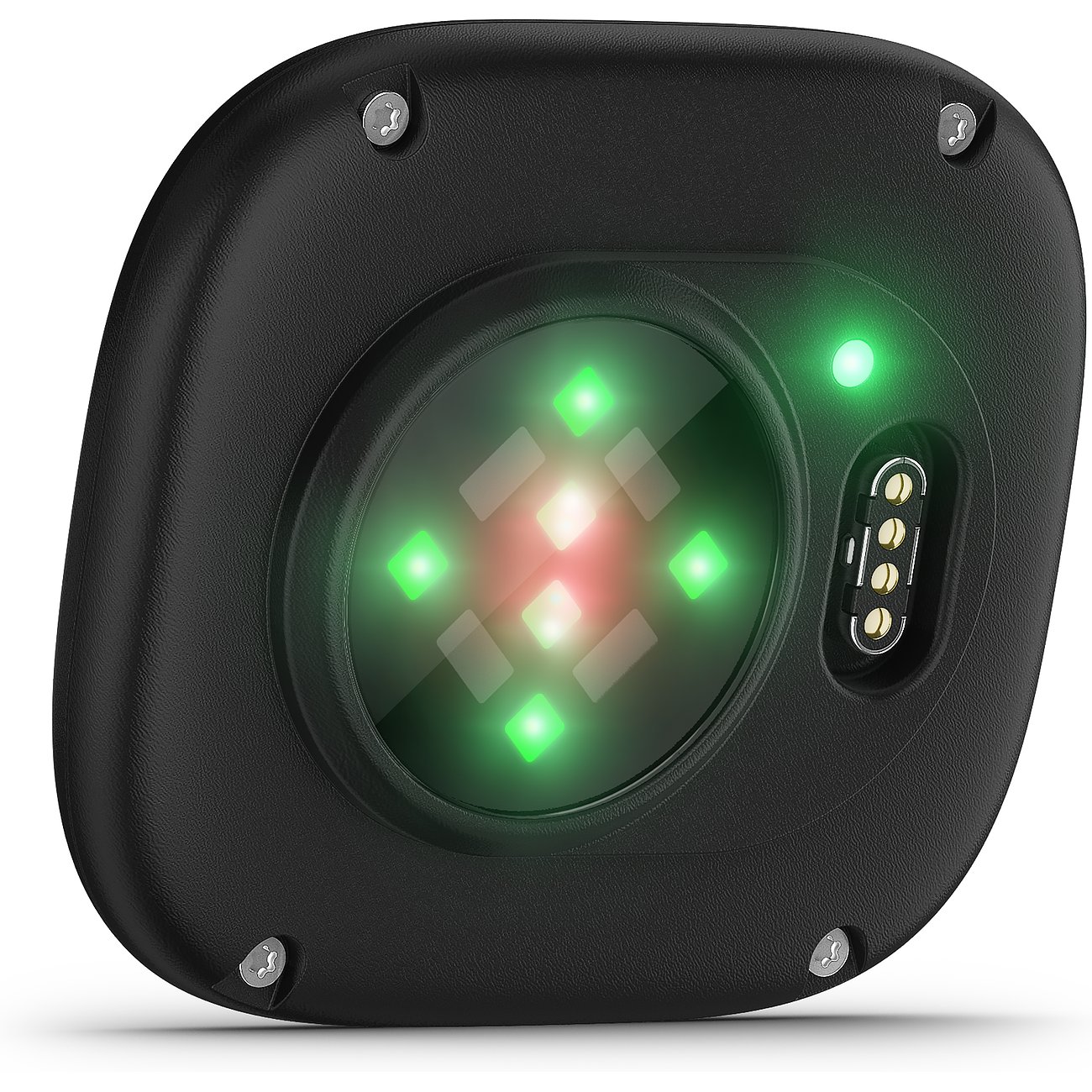 Rückseite des schwarzen Garmin Kunststoff-Activitytrackers mit leuchtend grünen und roten Sensoren und Ladekontakten.