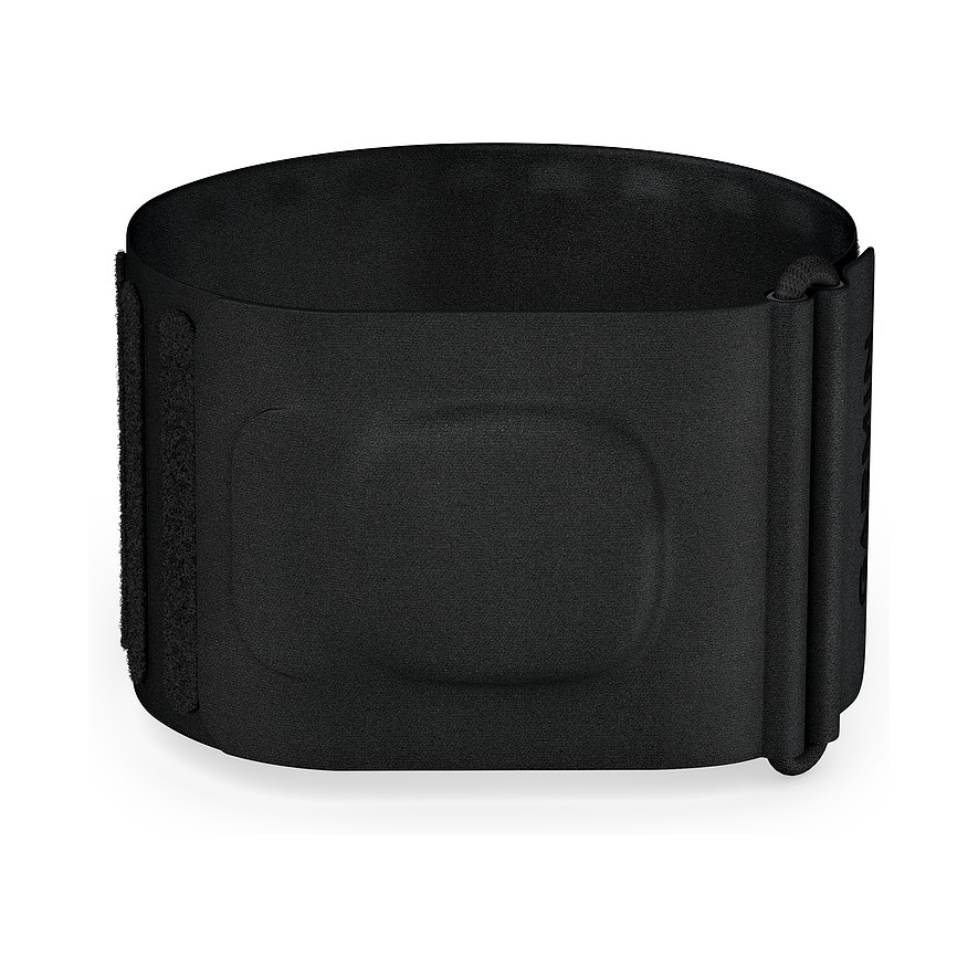 Garmin Activitytracker-Armband aus schwarzem Kunststoff mit Klettverschluss und abgerundeten Ecken.