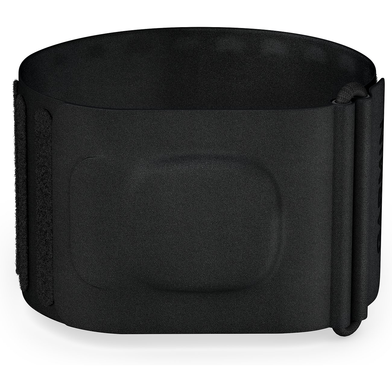 Garmin Activitytracker-Armband aus schwarzem Kunststoff mit Klettverschluss und abgerundeten Ecken.