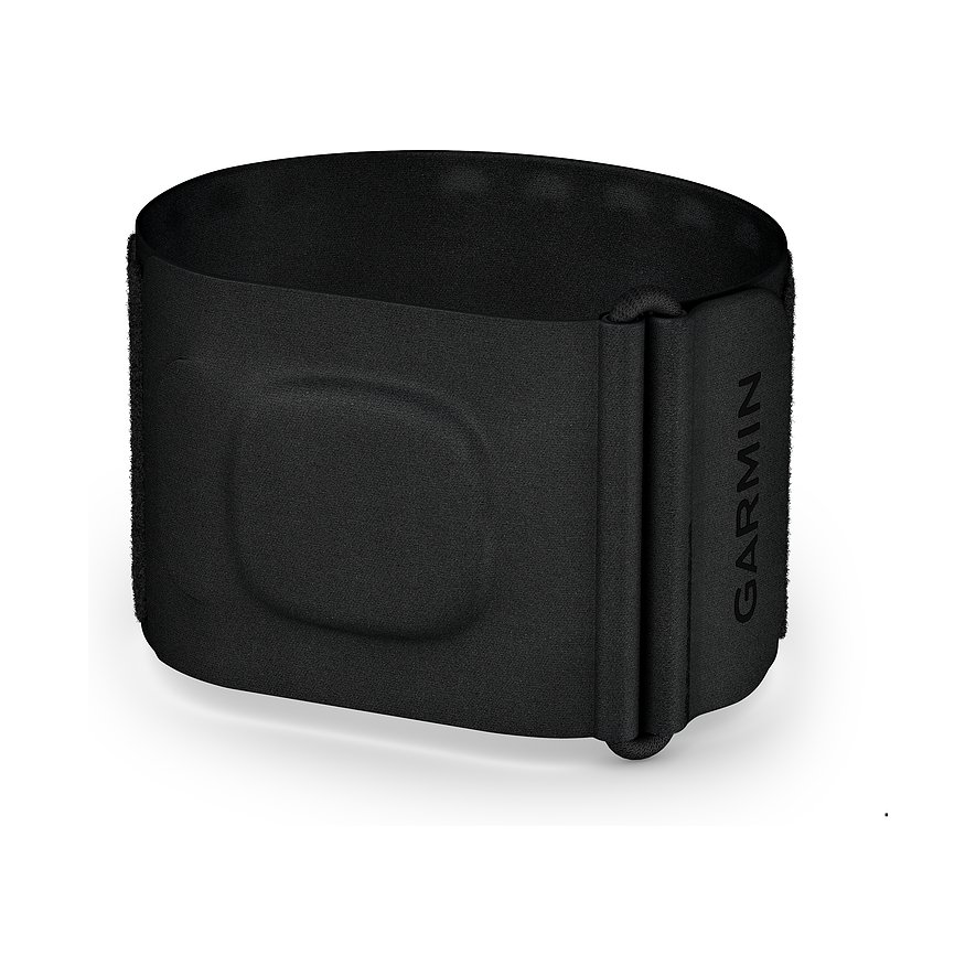 Ein schwarzer Garmin Activitytracker aus Kunststoff, der die Marke Garmin an der Seite zeigt.