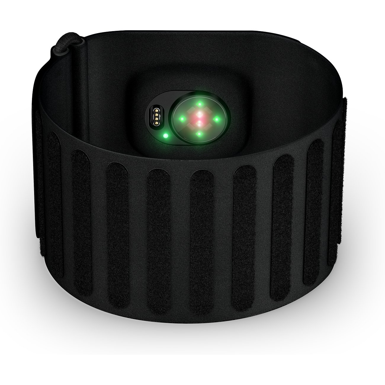 Close-up eines schwarzen Kunststoff-Activitytrackers von Garmin mit leuchtenden grünen und roten Sensoren.