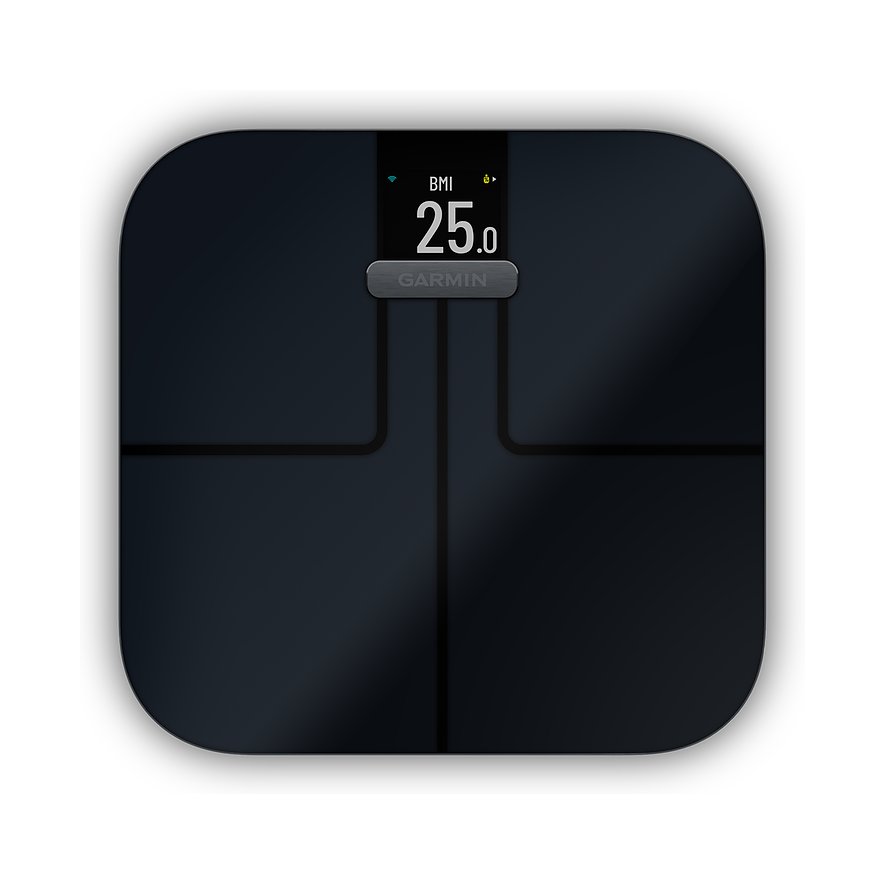 Eine schwarze Garmin Körperanalysewaage aus Glas und Kunststoff zeigt auf dem Display einen BMI-Wert von 