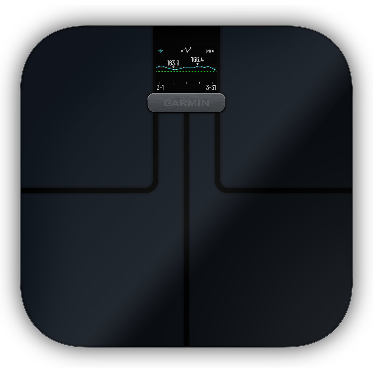 Eine schwarze Garmin Körperanalysewaage aus Kunststoff und Glas mit einem Display, das Werte anzeigt.