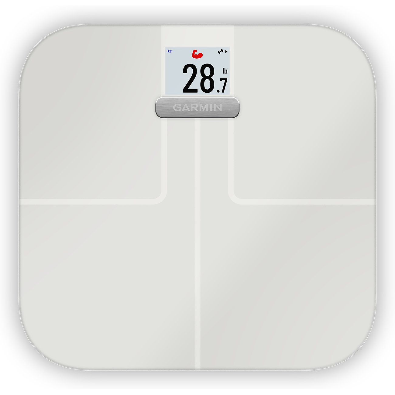 Eine weiße Garmin Waage aus Kunststoff mit Glasoberfläche, die auf ihrem Display 