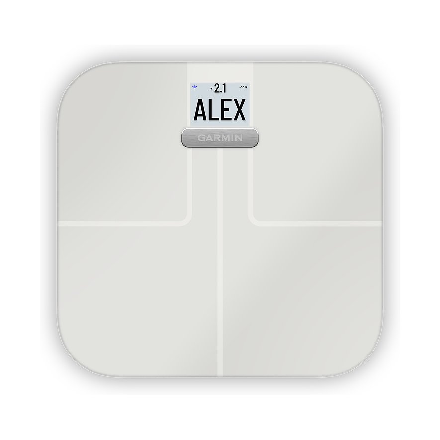 Eine weiße Garmin WLAN-Waage aus Kunststoff und Glas zeigt auf einem Display den Namen „ALEX“ an.