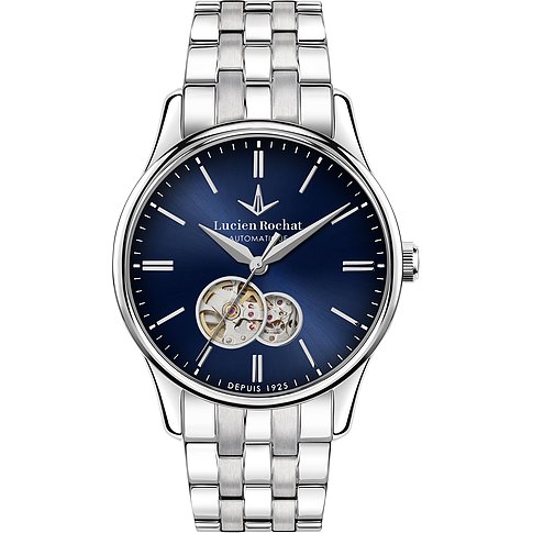 Herrenuhr von Lucien Rochat aus Edelstahl mit blauem Zifferblatt und sichtbarem Uhrwerk.