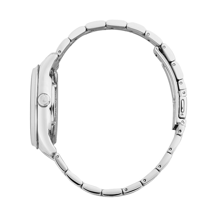 Seitenansicht der Lucien Rochat Herrenuhr aus Edelstahl mit schlichtem Gliederarmband und Kronendetail.