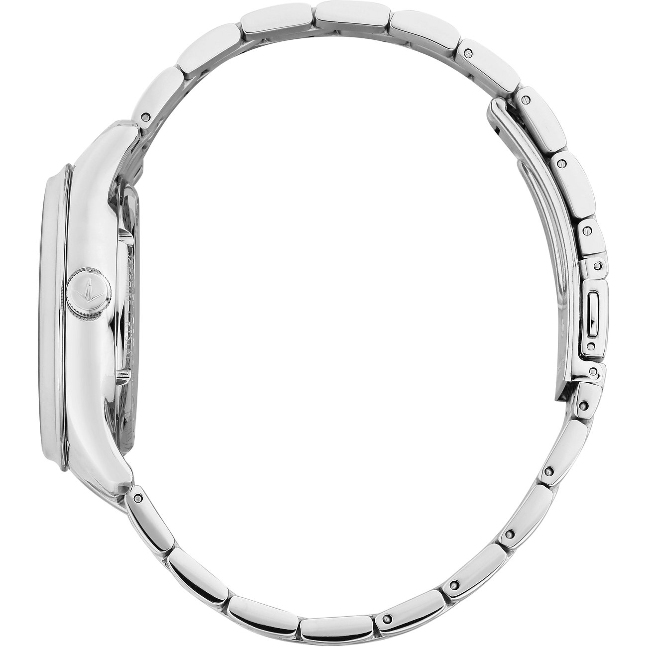 Seitenansicht der Lucien Rochat Herrenuhr aus Edelstahl mit schlichtem Gliederarmband und Kronendetail.