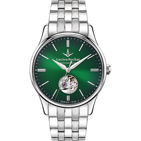 Eine Lucien Rochat Herrenuhr aus Edelstahl mit einem leuchtend grünen Zifferblatt und offenem Uhrwerk bei 6 Uhr.