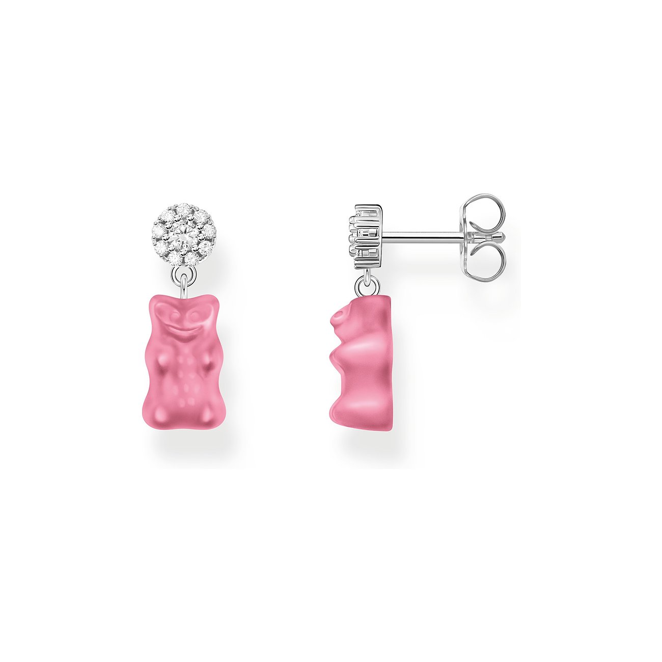 Thomas Sabo Ohrringe aus Silber mit rosa Bärchen-Anhängern aus Farbstein und Zirkonia Steinen.