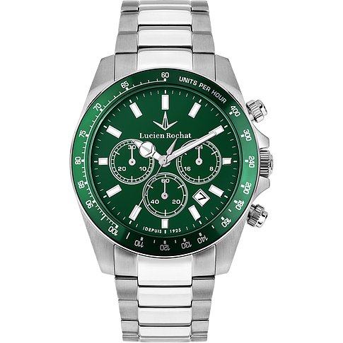 Eine Lucien Rochat Herrenuhr aus Edelstahl mit einem grünen Zifferblatt und Chronographenfunktionen, frontal aufgenommen.