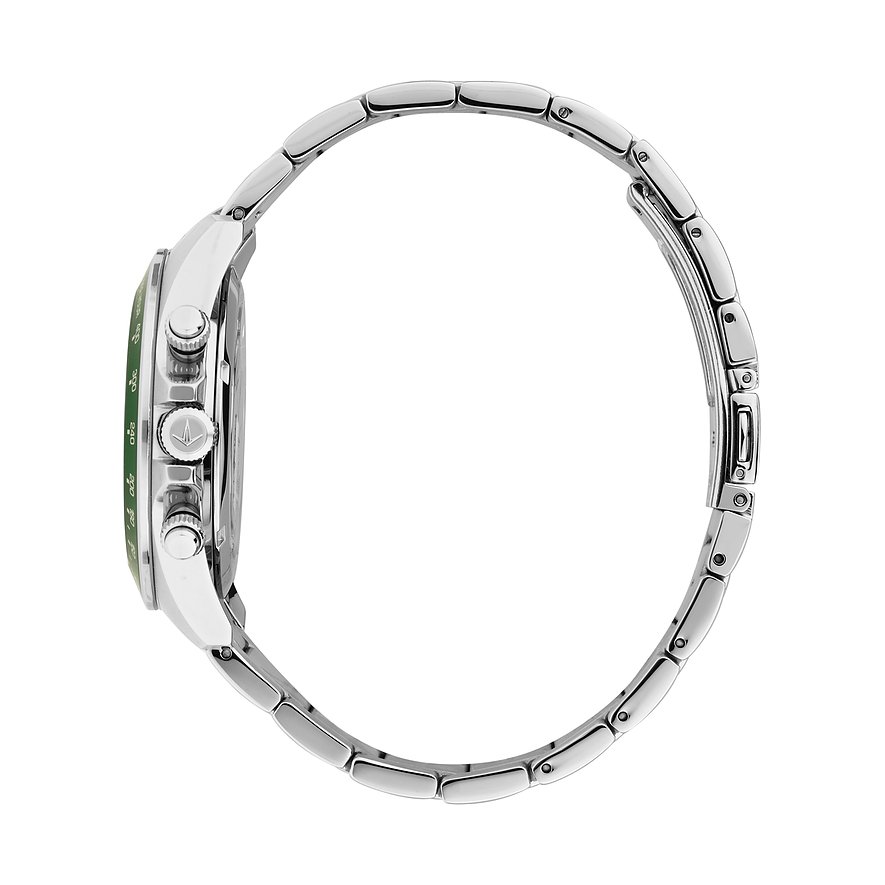 Seitenansicht der Lucien Rochat Herrenuhr aus Edelstahl mit Chronographenknöpfen auf der rechten Seite.