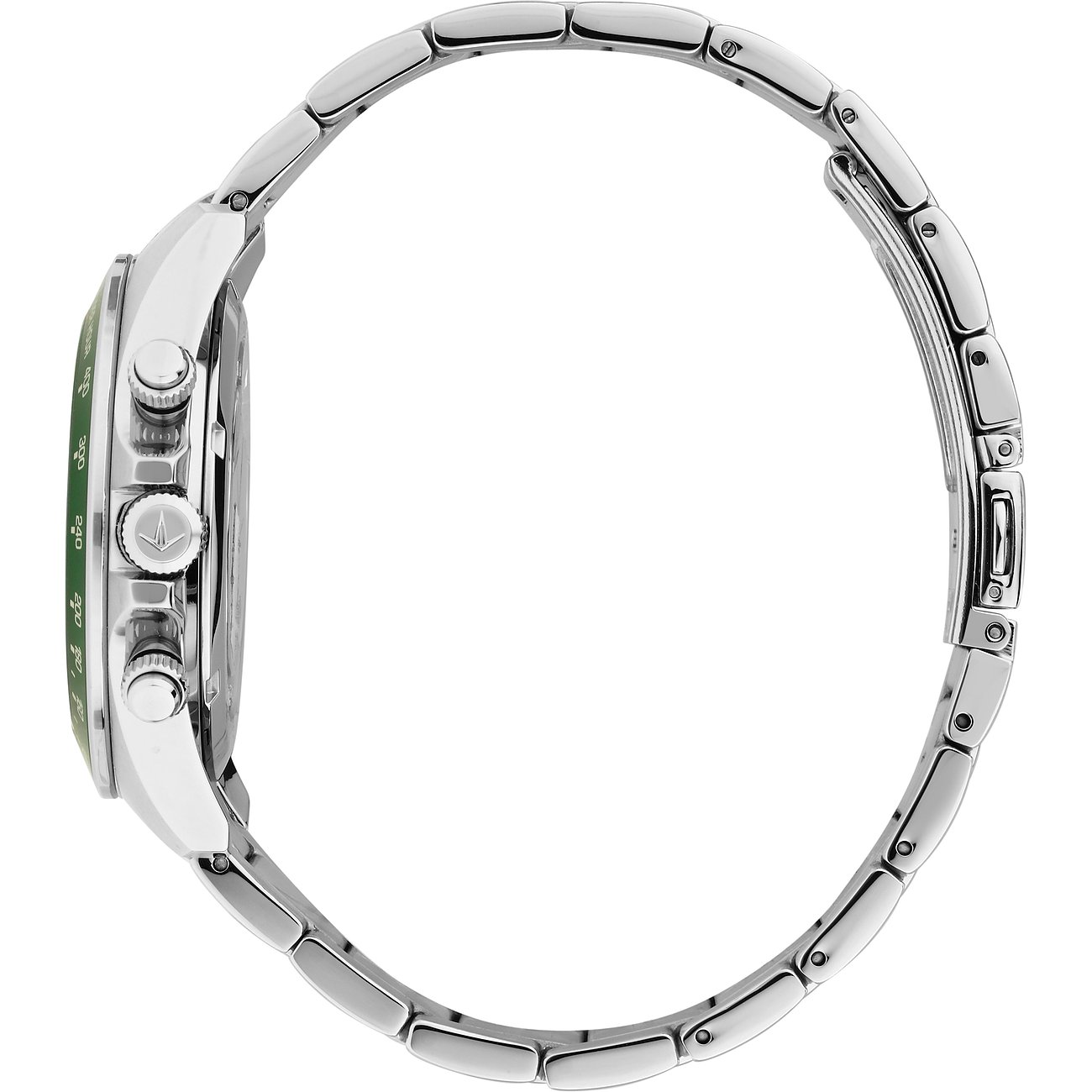 Seitenansicht der Lucien Rochat Herrenuhr aus Edelstahl mit Chronographenknöpfen auf der rechten Seite.
