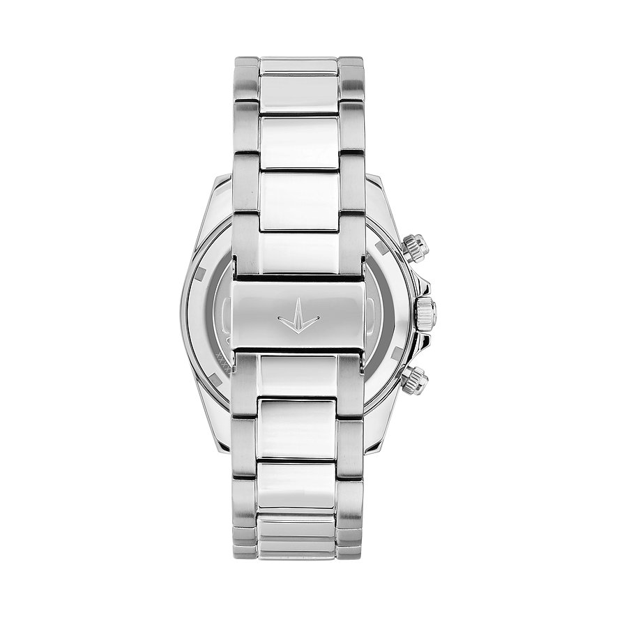 Rückansicht der Lucien Rochat Herrenuhr aus silberfarbenem Edelstahl mit graviertem Gehäuseboden und Armbandverschluss.