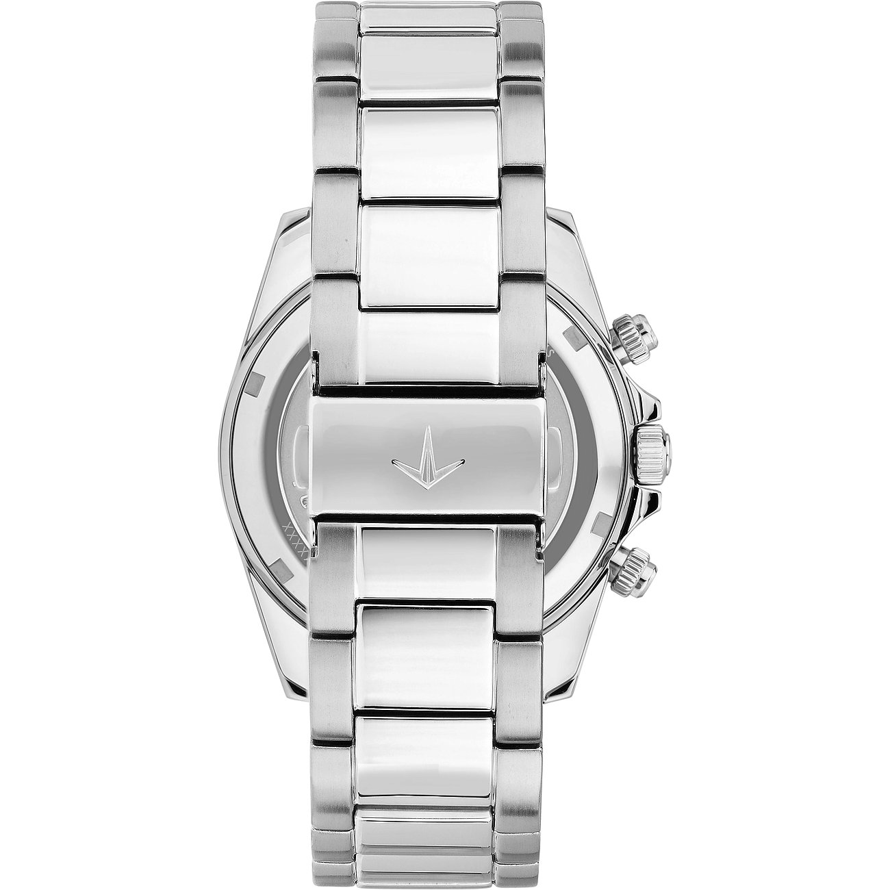 Rückansicht der Lucien Rochat Herrenuhr aus silberfarbenem Edelstahl mit graviertem Gehäuseboden und Armbandverschluss.