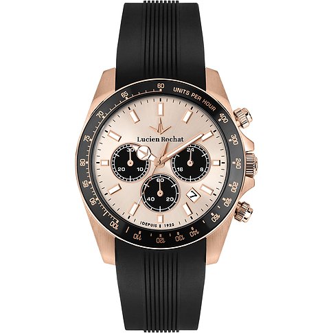 Eine Lucien Rochat Herrenuhr aus roségoldfarbenem Edelstahl mit schwarzem Silikonarmband und champagnerfarbenem Zifferblatt.