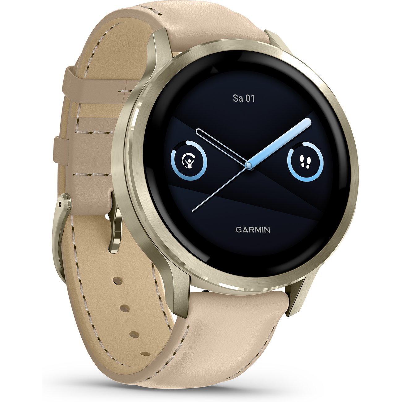 Garmin Smartwatch, champagnerfarbenes Kunststoffgehäuse, hellbraunes Lederarmband, schräg von oben. Display zeigt Datum & Aktivitätskreise.